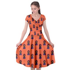 Nerdy 60s  Girl Pattern Orange Cap Sleeve Wrap Front Dress by snowwhitegirl