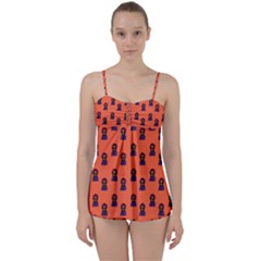 Nerdy 60s  Girl Pattern Orange Babydoll Tankini Set by snowwhitegirl