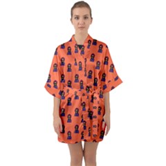 Nerdy 60s  Girl Pattern Orange Half Sleeve Satin Kimono  by snowwhitegirl