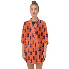 Nerdy 60s  Girl Pattern Orange Half Sleeve Chiffon Kimono by snowwhitegirl