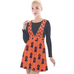 Nerdy 60s  Girl Pattern Orange Plunge Pinafore Velour Dress by snowwhitegirl