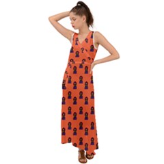 Nerdy 60s  Girl Pattern Orange V-neck Chiffon Maxi Dress by snowwhitegirl