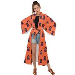 Nerdy 60s  Girl Pattern Orange Maxi Kimono