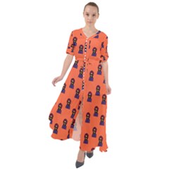 Nerdy 60s  Girl Pattern Orange Waist Tie Boho Maxi Dress by snowwhitegirl