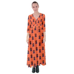 Nerdy 60s  Girl Pattern Orange Button Up Maxi Dress by snowwhitegirl