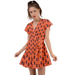 Nerdy 60s  Girl Pattern Orange Flutter Sleeve Wrap Dress