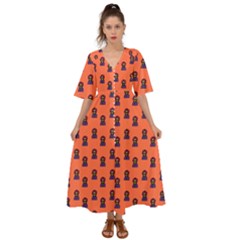 Nerdy 60s  Girl Pattern Orange Kimono Sleeve Boho Dress