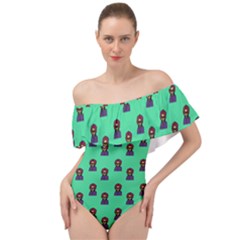 Nerdy 60s  Girl Pattern Seafoam Green Off Shoulder Velour Bodysuit  by snowwhitegirl