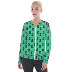 Nerdy 60s  Girl Pattern Seafoam Green Velour Zip Up Jacket by snowwhitegirl