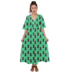 Nerdy 60s  Girl Pattern Seafoam Green Kimono Sleeve Boho Dress