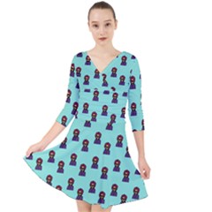 Nerdy 60s  Girl Pattern Aqua Quarter Sleeve Front Wrap Dress by snowwhitegirl