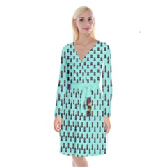 Nerdy 60s  Girl Pattern Aqua Long Sleeve Velvet Front Wrap Dress by snowwhitegirl