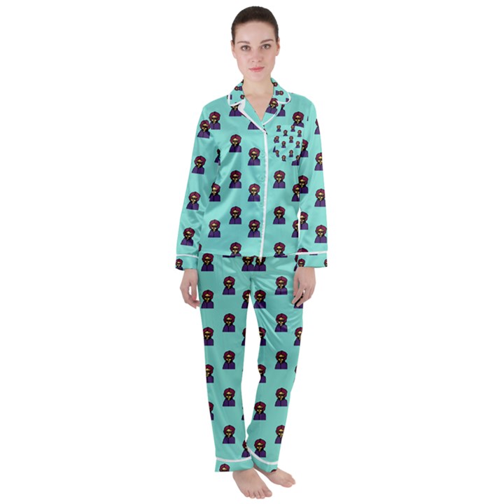 Nerdy 60s  Girl Pattern Aqua Satin Long Sleeve Pyjamas Set