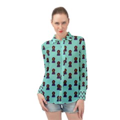 Nerdy 60s  Girl Pattern Aqua Long Sleeve Chiffon Shirt