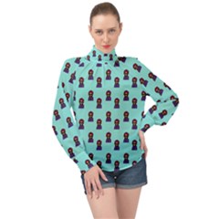 Nerdy 60s  Girl Pattern Aqua High Neck Long Sleeve Chiffon Top by snowwhitegirl