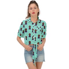 Nerdy 60s  Girl Pattern Aqua Tie Front Shirt 