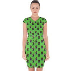 Nerdy 60s  Girl Pattern Green Capsleeve Drawstring Dress  by snowwhitegirl