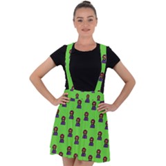 Nerdy 60s  Girl Pattern Green Velvet Suspender Skater Skirt