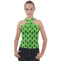 Nerdy 60s  Girl Pattern Green Cross Neck Velour Top by snowwhitegirl