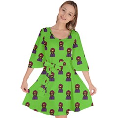 Nerdy 60s  Girl Pattern Green Velour Kimono Dress by snowwhitegirl