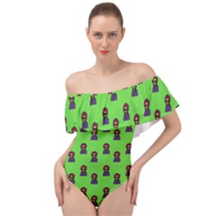 Nerdy 60s  Girl Pattern Green Off Shoulder Velour Bodysuit  by snowwhitegirl