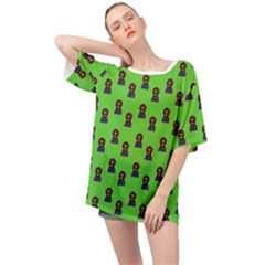 Nerdy 60s  Girl Pattern Green Oversized Chiffon Top