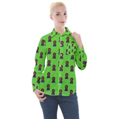 Nerdy 60s  Girl Pattern Green Women s Long Sleeve Pocket Shirt