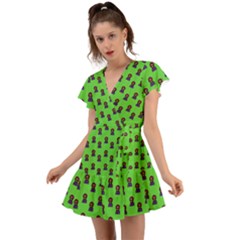 Nerdy 60s  Girl Pattern Green Flutter Sleeve Wrap Dress