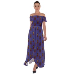 Nerdy 60s  Girl Pattern Dark Purple Off Shoulder Open Front Chiffon Dress