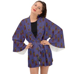 Nerdy 60s  Girl Pattern Dark Purple Long Sleeve Kimono