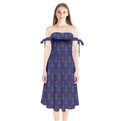 Nerdy 60s  Girl Pattern Blue Shoulder Tie Bardot Midi Dress by snowwhitegirl