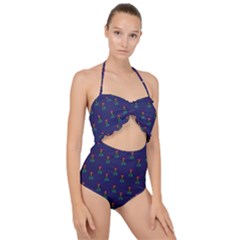 Nerdy 60s  Girl Pattern Blue Scallop Top Cut Out Swimsuit by snowwhitegirl