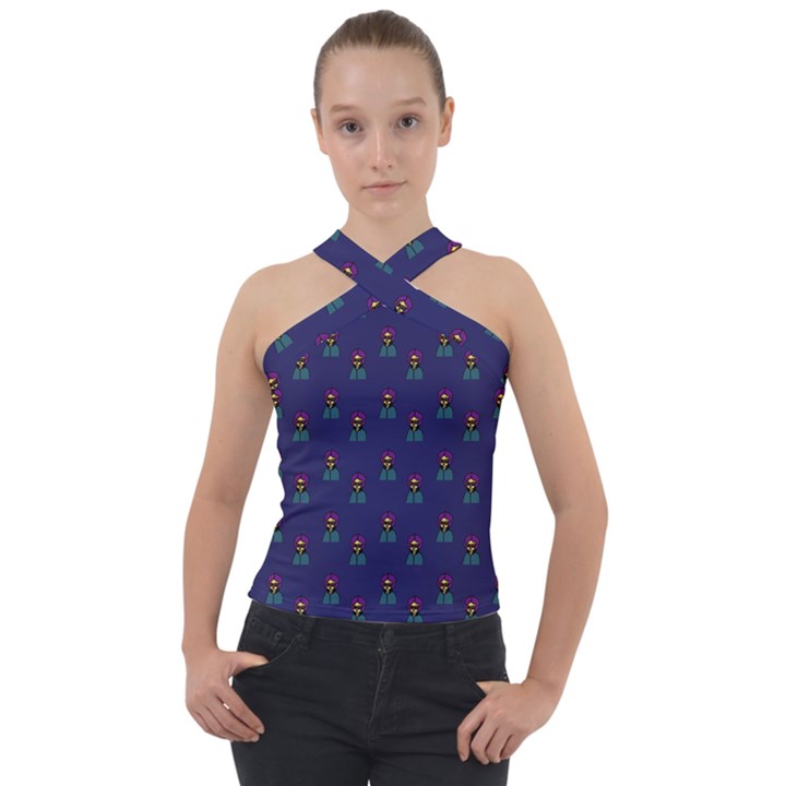 Nerdy 60s  Girl Pattern Blue Cross Neck Velour Top