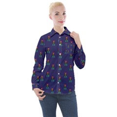 Nerdy 60s  Girl Pattern Blue Women s Long Sleeve Pocket Shirt