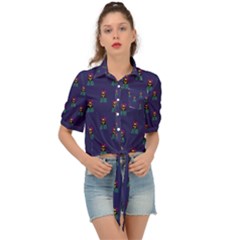 Nerdy 60s  Girl Pattern Blue Tie Front Shirt 