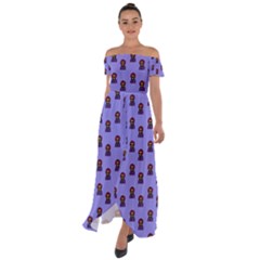 Nerdy 60s  Girl Pattern Purple Off Shoulder Open Front Chiffon Dress