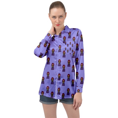 Nerdy 60s  Girl Pattern Purple Long Sleeve Satin Shirt by snowwhitegirl