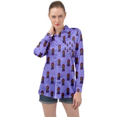 Nerdy 60s  Girl Pattern Purple Long Sleeve Satin Shirt