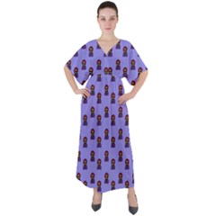 Nerdy 60s  Girl Pattern Purple V-neck Boho Style Maxi Dress