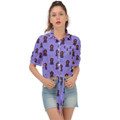 Nerdy 60s  Girl Pattern Purple Tie Front Shirt 