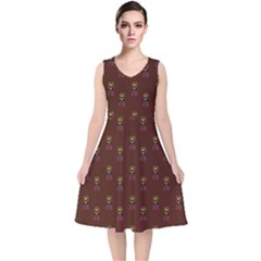 Nerdy 60s  Girl Pattern Red V-neck Midi Sleeveless Dress  by snowwhitegirl