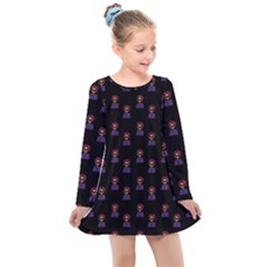 Nerdy 60s  Girl Pattern Black Kids  Long Sleeve Dress by snowwhitegirl