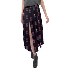 Nerdy 60s  Girl Pattern Black Velour Split Maxi Skirt