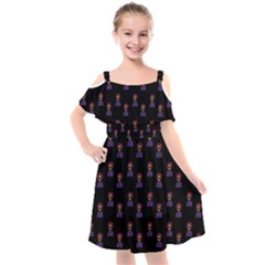 Nerdy 60s  Girl Pattern Black Kids  Cut Out Shoulders Chiffon Dress