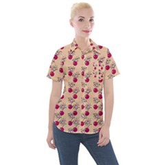 Cherries An Bats Peach Women s Short Sleeve Pocket Shirt