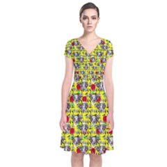 Heart Skeleton Face Pattern Yellow Short Sleeve Front Wrap Dress by snowwhitegirl