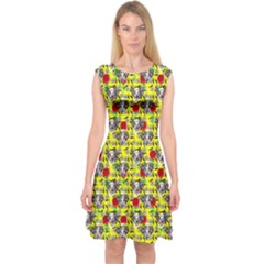 Heart Skeleton Face Pattern Yellow Capsleeve Midi Dress by snowwhitegirl