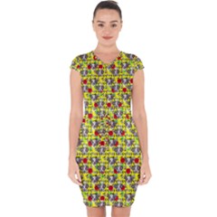 Heart Skeleton Face Pattern Yellow Capsleeve Drawstring Dress  by snowwhitegirl