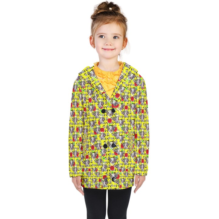 Heart Skeleton Face Pattern Yellow Kids  Double Breasted Button Coat