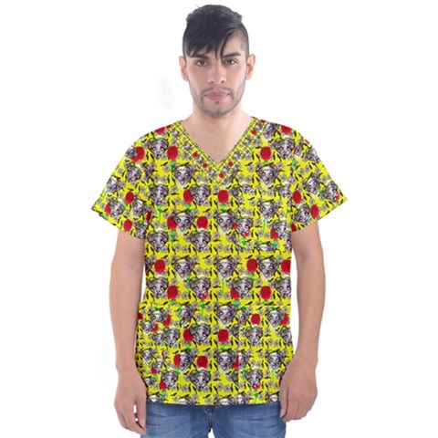 Heart Skeleton Face Pattern Yellow Men s V-neck Scrub Top by snowwhitegirl